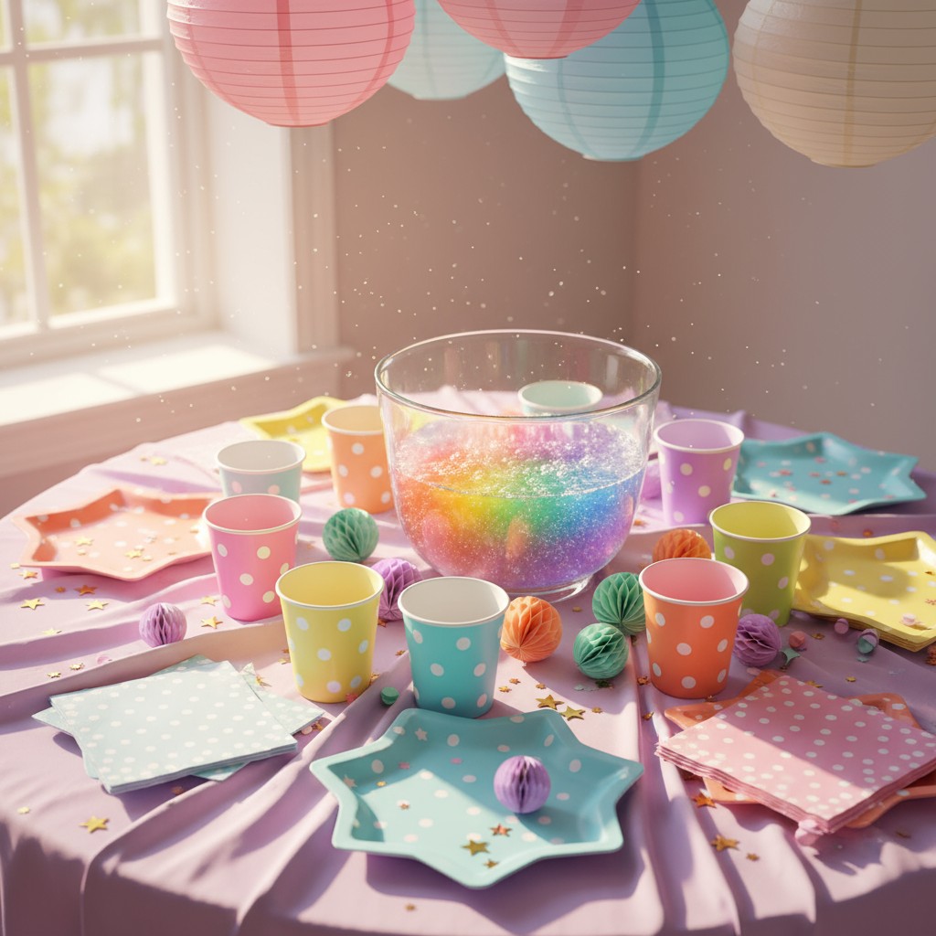_hanging colored paper lanterns on a pink clothed table with polka dotted party dishes and a large glass bowl with a rainb...