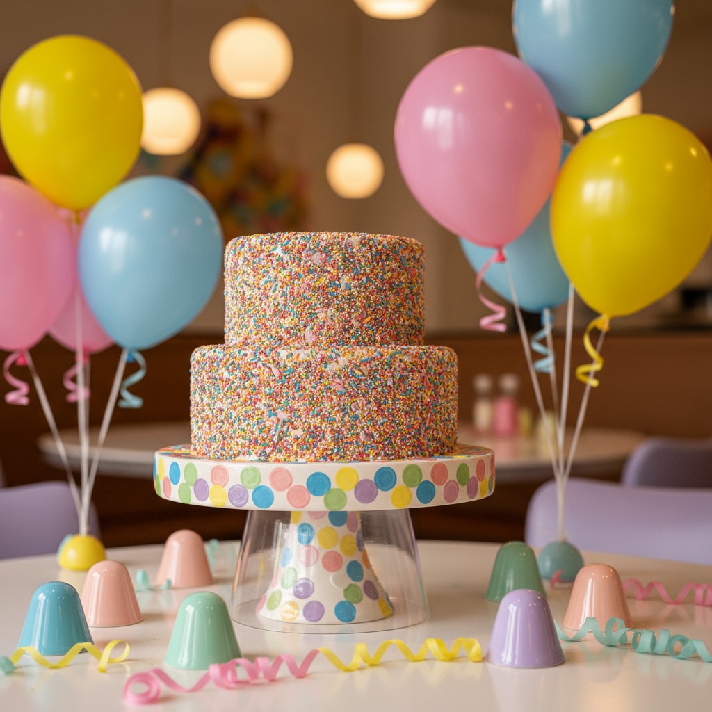 title A colorful party scene featuring a two-tiered cake with rainbow sprinkles, surrounded by balloons and streamers.