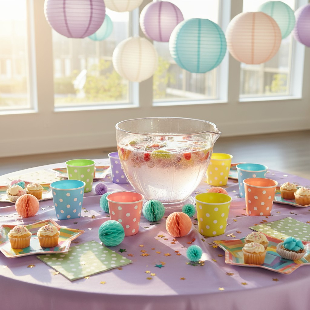 Decorated table set for a party, featuring a punch bowl, polka dot cups and plates, cupcakes, napkins, and colorful paper ...