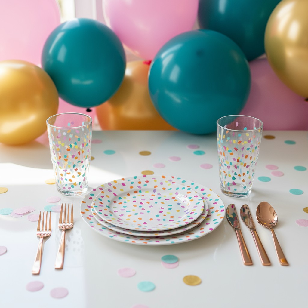The table is set for a celebration with matching plates, cups, and silverware in a confetti polka-dot pattern, set for two...