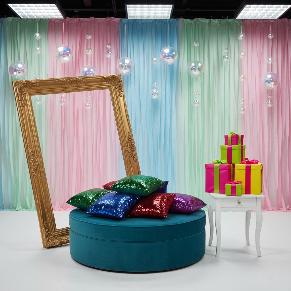 A colorful room with a teal ottoman, gold frame, and stack of wrapped gifts is decorated with bubble soap and pastel curta...