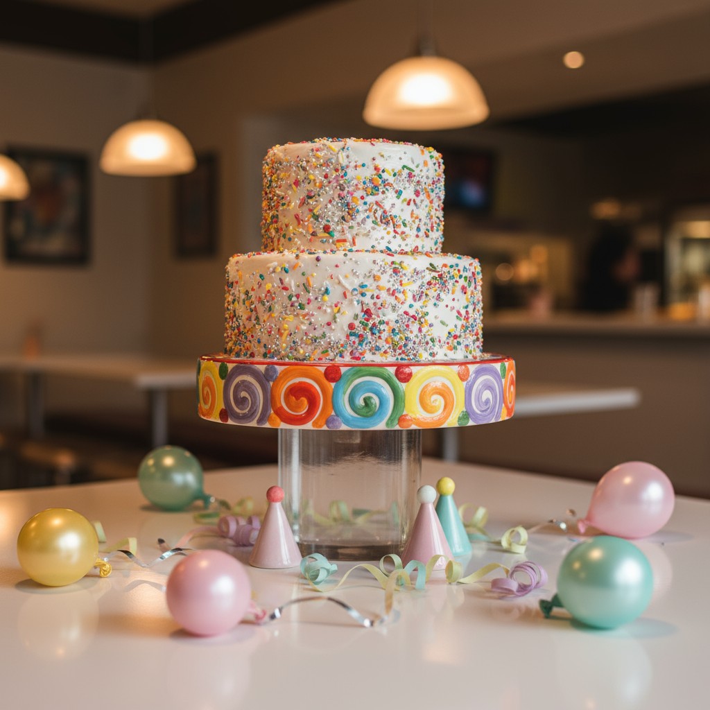 Two-tier cake covered in white buttercream and sprinkles or confetti, on glass cake stand with decorated base, resting on ...